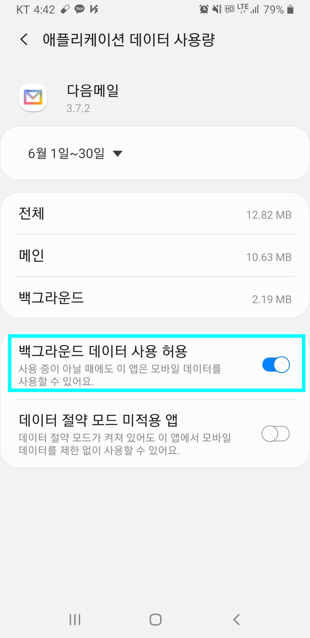 애플리케이션 데이터 사용량 페이지 내 백그라운드 데이터 사용 허용이 체크된 화면