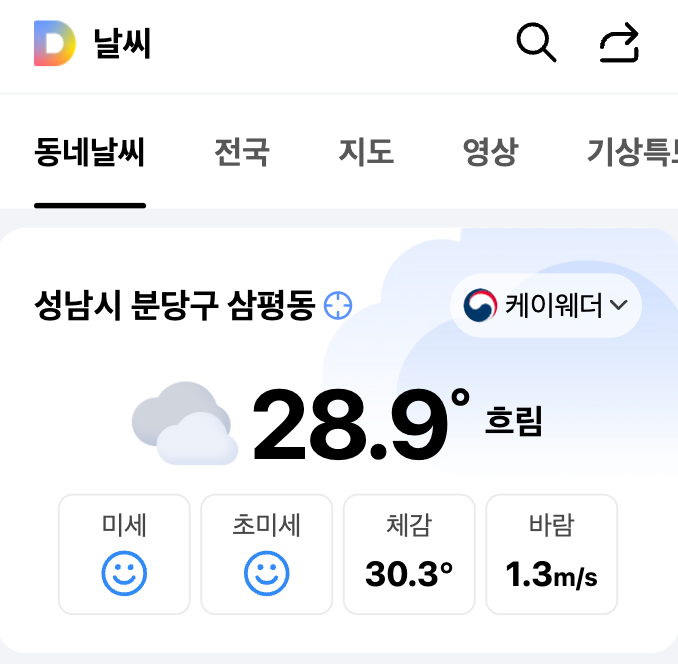 날씨>동네날씨 페이지 상단에 지역의 현재 날씨가 확인된 화면