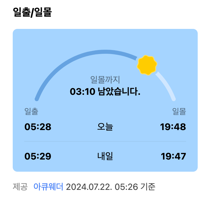 일출 일몰에 대한 시간이 표시된 화면