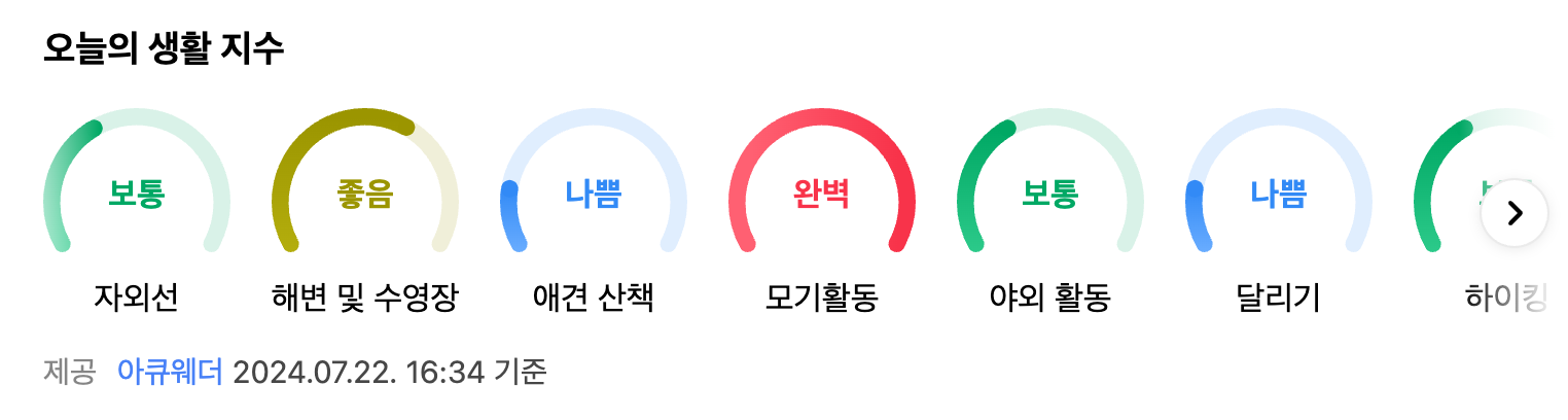 오늘의 생활 지수인 자외선 해변 및 수영장 애견산책 야외활동등 표시된 화면